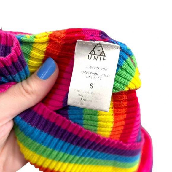Unif UNIF Lenny Crop Top Short Sleeve Top Rainbow Stripe Turtleneck Size Small - Picture 8 of 8